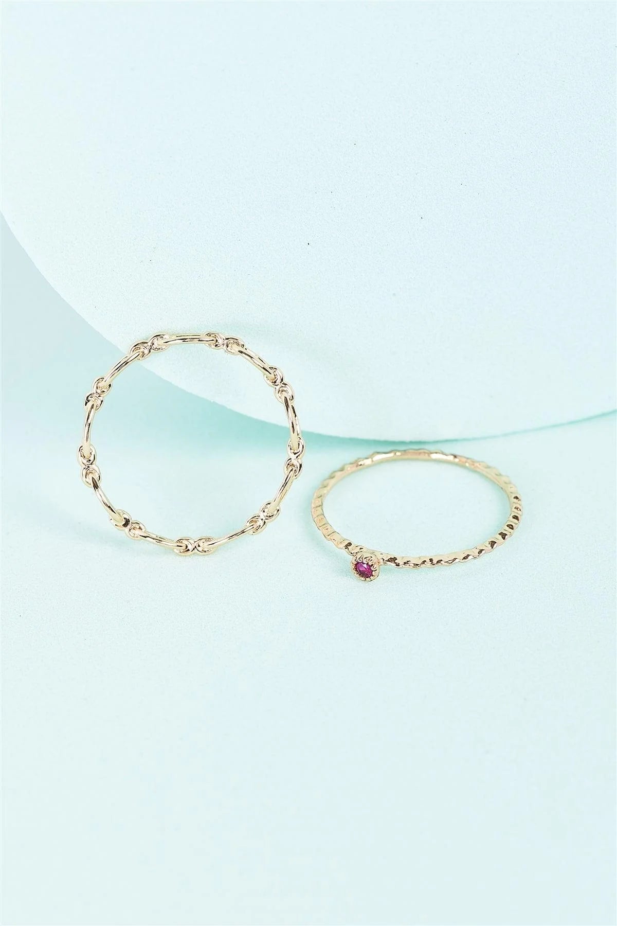 Gold Delicate Chain Link Pink Gemstone 2 Ring Set