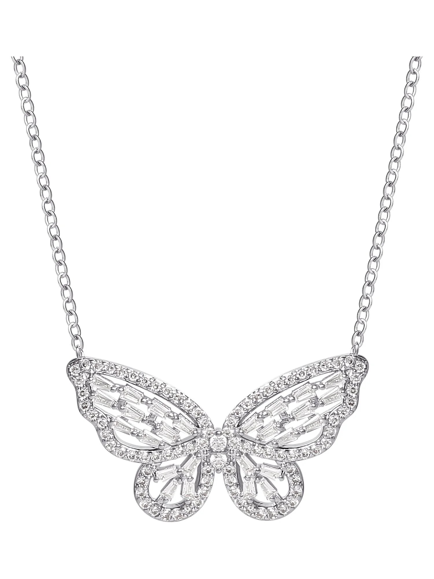 Elegant Silver-Plated Butterfly Necklace with Cubic Zirconia – Adjustable 18''-20"