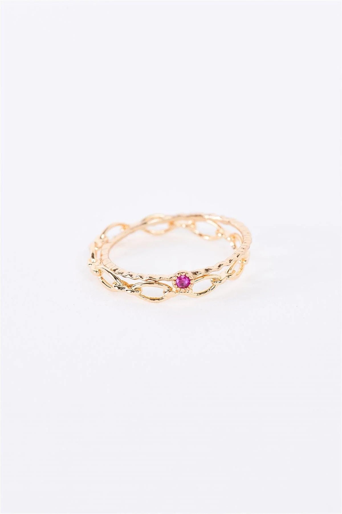 Gold Delicate Chain Link Pink Gemstone 2 Ring Set