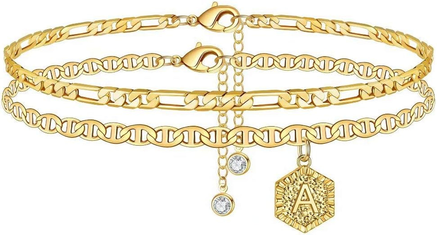 Initial Ankle Bracelets for Women, 14K Gold Plated Double Layered Initial Anklets Jewelry for Women