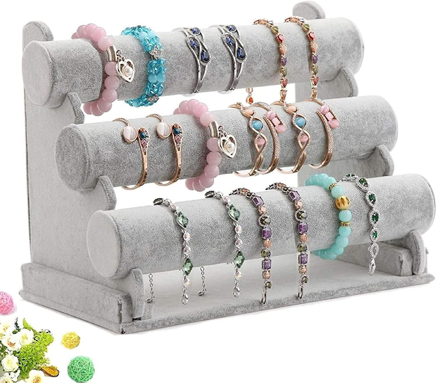 Triple Bracelet Holder Velvet Jewelry Display Stand Watch Bangle Bar Necklace Storage Organizer Gray (Ice Velvet 3 Tier)