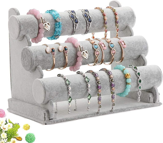 Triple Bracelet Holder Velvet Jewelry Display Stand Watch Bangle Bar Necklace Storage Organizer Gray (Ice Velvet 3 Tier)