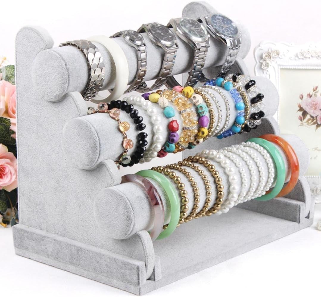 Triple Bracelet Holder Velvet Jewelry Display Stand Watch Bangle Bar Necklace Storage Organizer Gray (Ice Velvet 3 Tier)