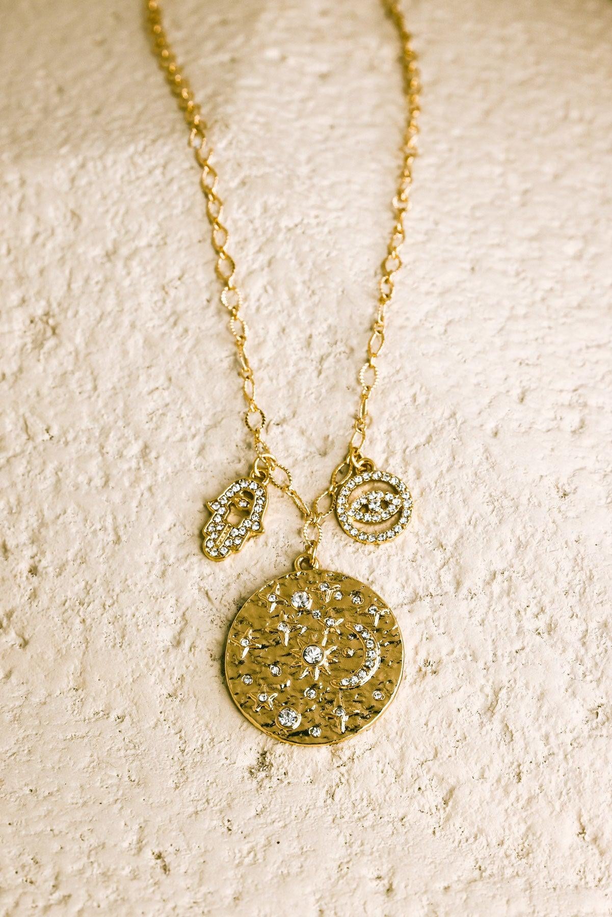 Moon Pendant Small Hamsa & Evil Eye Necklaces